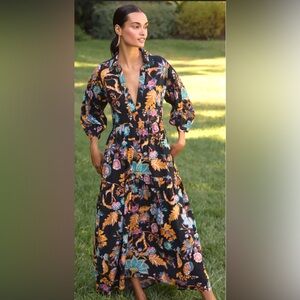 By Anthropologie The Carolita Printed  Shirt Tiered Dress Black Multi SZ XL